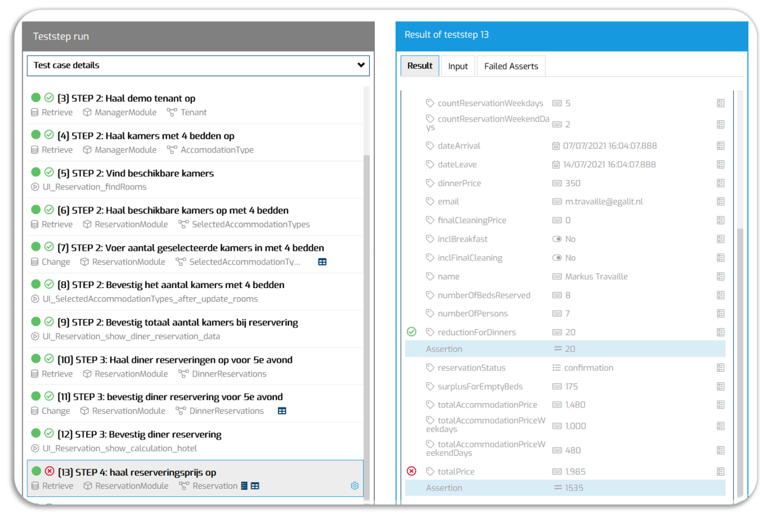 Shows details of all executed teststeps